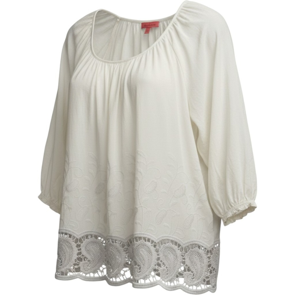 V Cristina White to Grey Cotton Silk Embroidered Lace Hem Peasant Blouse XL flaw